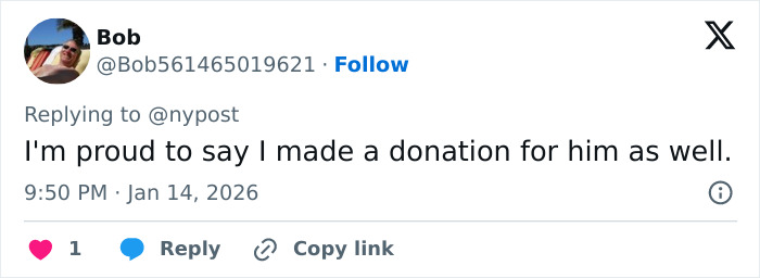 User named Bob replying to a tweet expressing pride in donating to an ICE agent involved in online fundraisers.