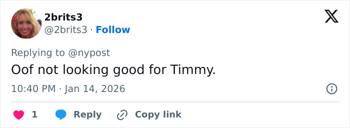 Twitter reply from user 2brits3 commenting on a situation involving Melissa Gilbert and her controversial Instagram fridge tour.
