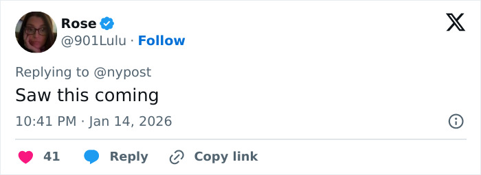 Screenshot of a Twitter reply to NY Post with text Saw this coming, related to Melissa Gilbert sparks outrage on Instagram.