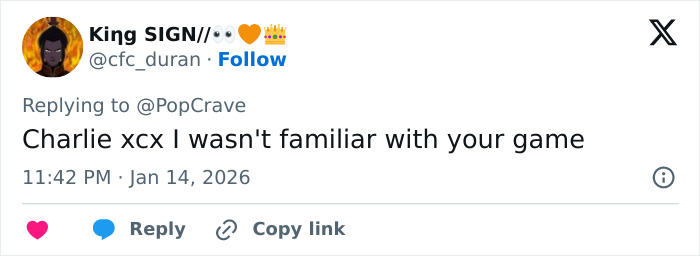 Social media comment referencing Charli XCX, discussing familiarity with her music and online presence.