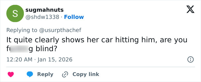 Tweet from user sugmahnuts replying to another user expressing disbelief about a car hitting an ICE agent Jonathan Ross.