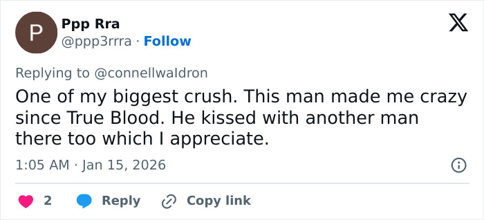 Screenshot of a tweet praising Alexander Skarsg&aring;rd for his roles and comments related to orientation and inclusivity.