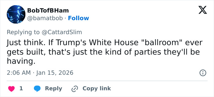 Tweet discussing a hypothetical Trump White House ballroom party with a creepy Mar-a-Lago event vibe.