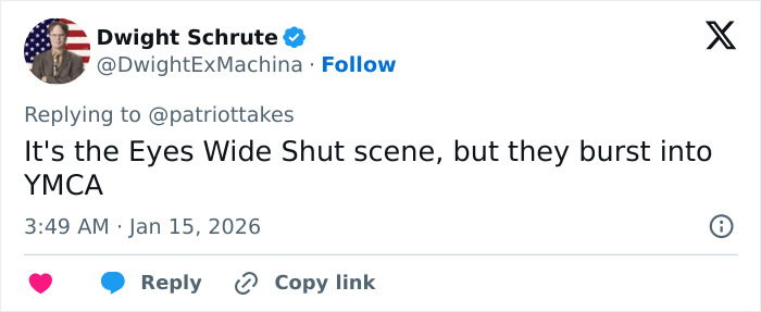 Tweet from Dwight Schrute referencing a Mar-a-Lago event with people in dog masks and old-time costumes.