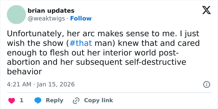 Screenshot of a tweet discussing character arc and self-destructive behavior in relation to Sydney Sweeney playing an adult star. Screenshot of a tweet discussing character arc and self-destructive behavior in relation to Sydney Sweeney playing an adult star.