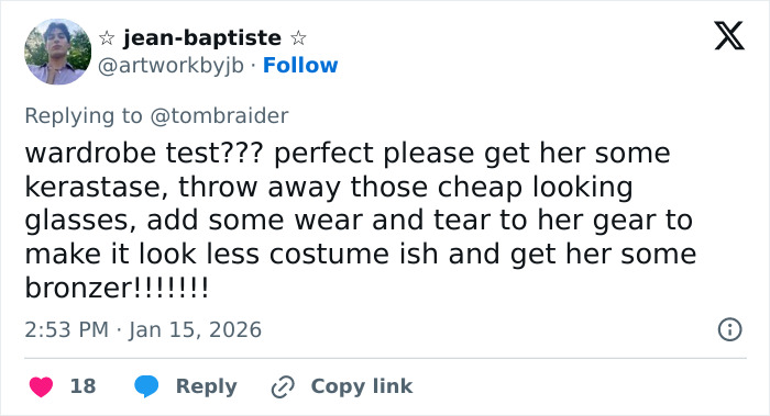 User tweet criticizing wardrobe for Sophie Turner's ripped Lara Croft transformation in Tomb Raider, suggesting style improvements.