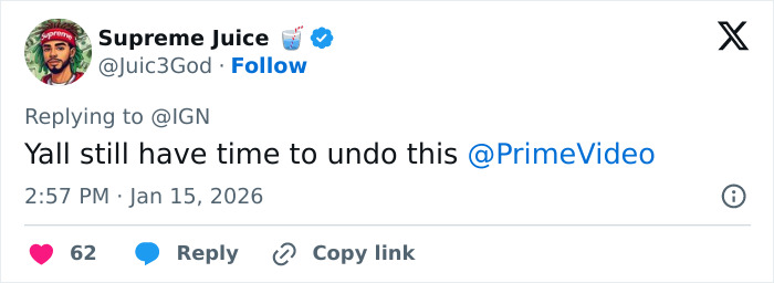 Tweet by Supreme Juice reacting to Sophie Turner's ripped Lara Croft transformation for Tomb Raider on Prime Video.