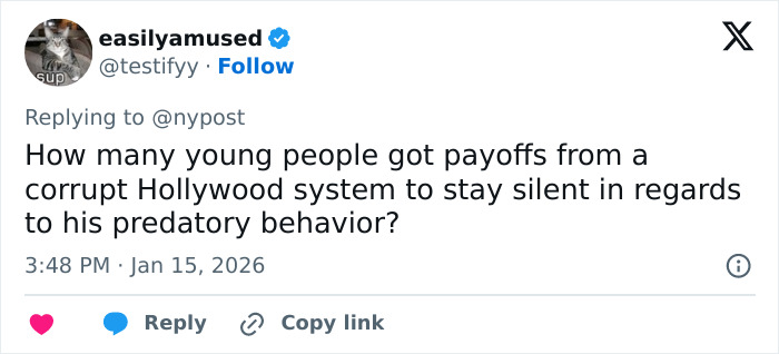 Tweet discussing corrupt Hollywood system and predatory behavior, linked to Melissa Gilbert sparks outrage on Instagram.