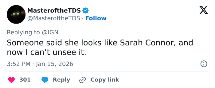 Tweet from MasteroftheTDS commenting on Sophie Turner&rsquo;s ripped Lara Croft transformation sparking mixed reactions for Tomb Raider.