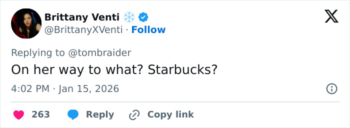 Screenshot of a tweet reacting to Sophie Turner's ripped Lara Croft transformation for Tomb Raider, sparking mixed reactions online.