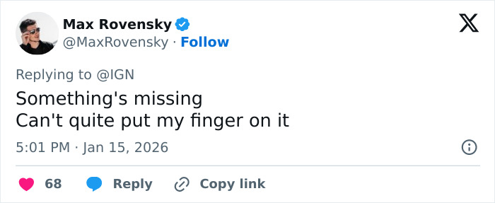 Twitter post by Max Rovensky reacting to Sophie Turner's ripped Lara Croft transformation for Tomb Raider.