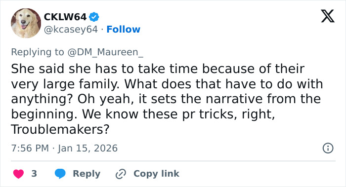 Twitter user replying to controversy, discussing Melissa Gilbert sparks outrage over tone-deaf Instagram fridge tour.