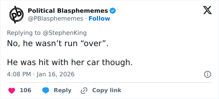 Twitter reply to Stephen King&rsquo;s post about ICE agent Jonathan Ross, sparking backlash over controversial comments.