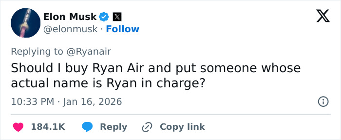 Screenshot of Elon Musk's tweet replying to Ryanair with a sarcastic comment amid Ryanair's social media takedown.
