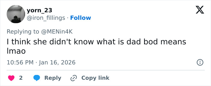 Tweet from user yorn_23 responding to a comment about dad bod, related to Peter Claffey fans and body criticism in show review.