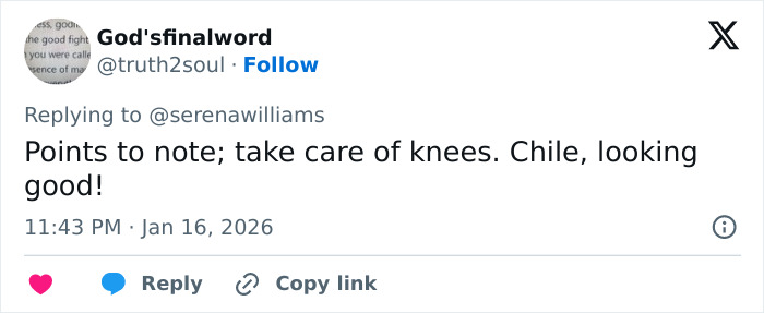 Screenshot of a tweet advising to take care of knees with a positive comment, related to Serena Williams viral move.