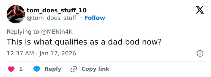 Twitter reply by user tom_does_stuff_10 questioning dad bod definition in context of Peter Claffey fans slam critic's comment on body.