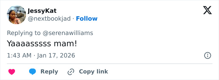 Fan JessyKat showing excitement in a tweet reacting to Serena Williams&rsquo; viral knees are kneeing jaw-dropping move.