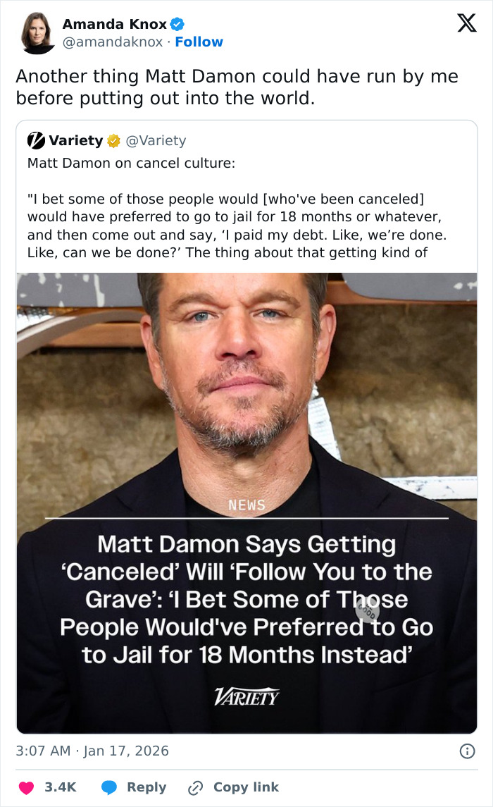 Tweet from Amanda Knox criticizing Matt Damon&rsquo;s comments on cancel culture, featuring Matt Damon&rsquo;s portrait and quote.