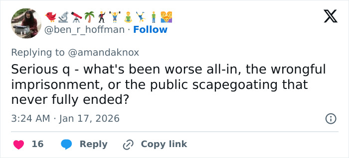 Screenshot of a tweet discussing Amanda Knox and wrongful imprisonment amid public scapegoating in social media comments.