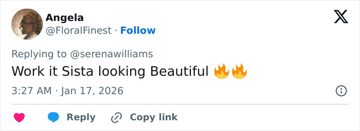 Fan praising Serena Williams with a comment about her stunning viral move involving impressive knee action.