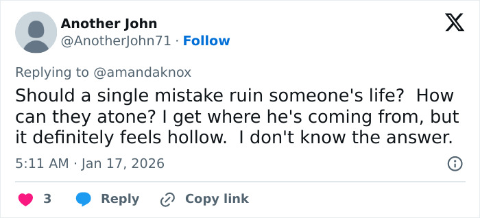 Tweet screenshot showing a user replying to Amanda Knox about mistakes and atonement, related to cancel culture comments.