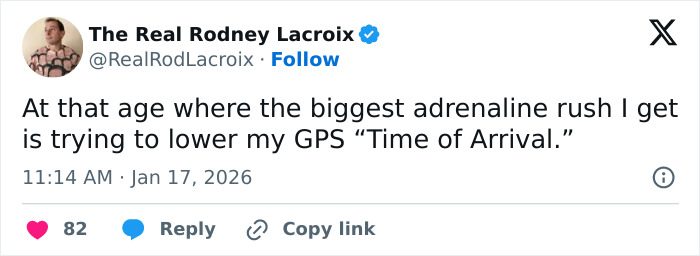 Tweet from a dad sharing a relatable moment about the biggest adrenaline rush from lowering GPS time of arrival.