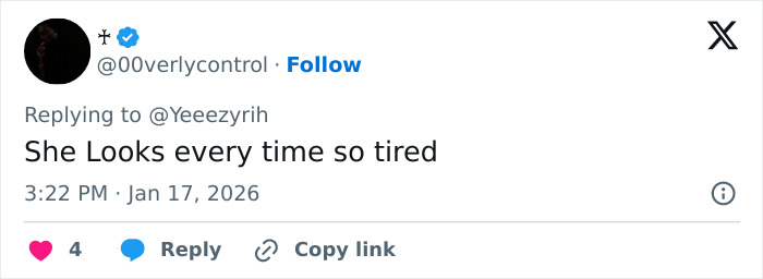 Tweet screenshot showing a user commenting on Bianca Censori&rsquo;s unexpected talent, mentioning she looks tired.