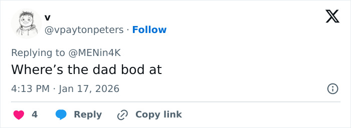 Tweet from user @vpaytonpeters asking Where&rsquo;s the dad bod at in response to a Knight of the Seven Kingdoms review criticizing Peter Claffey&rsquo;s body.