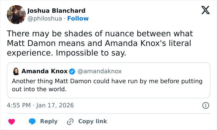 Screenshot of Amanda Knox slamming Matt Damon on social media, reigniting feud over cancel culture comments.