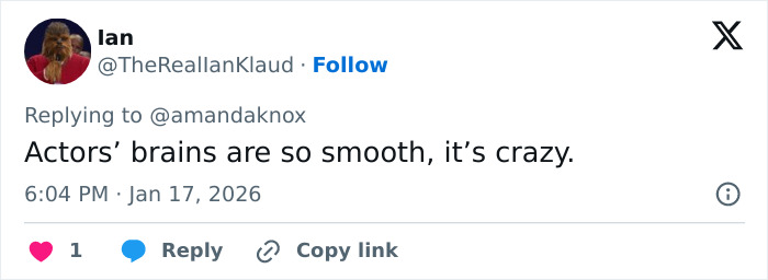 Screenshot of a Twitter reply to Amanda Knox, mocking actors and referencing cancel culture debate.