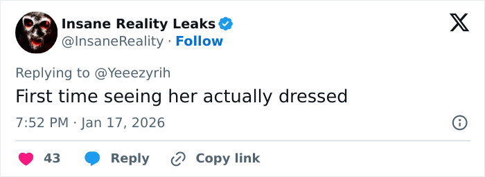 Tweet from Insane Reality Leaks reacting to Bianca Censori&rsquo;s unexpected talent showing her actually wearing pants.