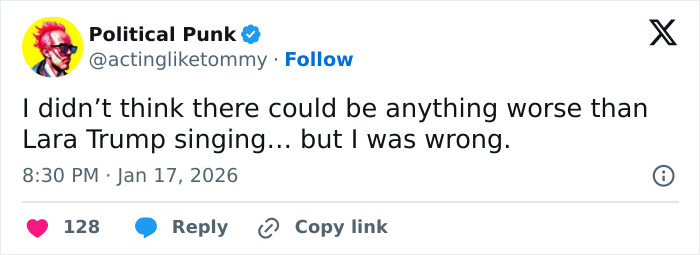 Tweet mocking Lara Trump&rsquo;s dance moves in new music video, highlighting reactions to Make It Stop controversy.