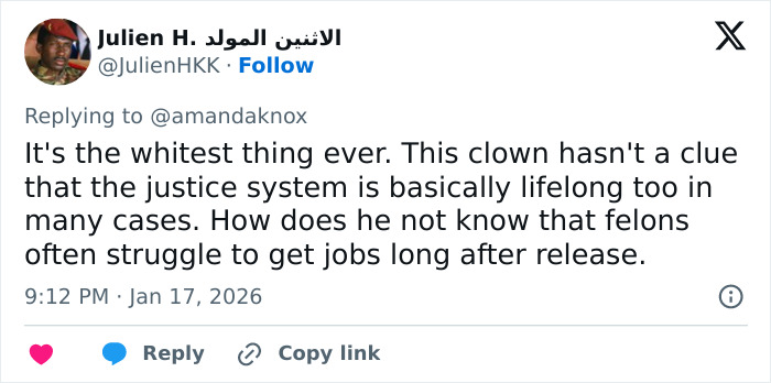 Screenshot of a social media reply discussing Amanda Knox slamming Matt Damon and cancel culture comments.