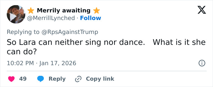 Tweet criticizing Lara Trump&rsquo;s dance moves in new music video, sparking mockery and social media reactions online.