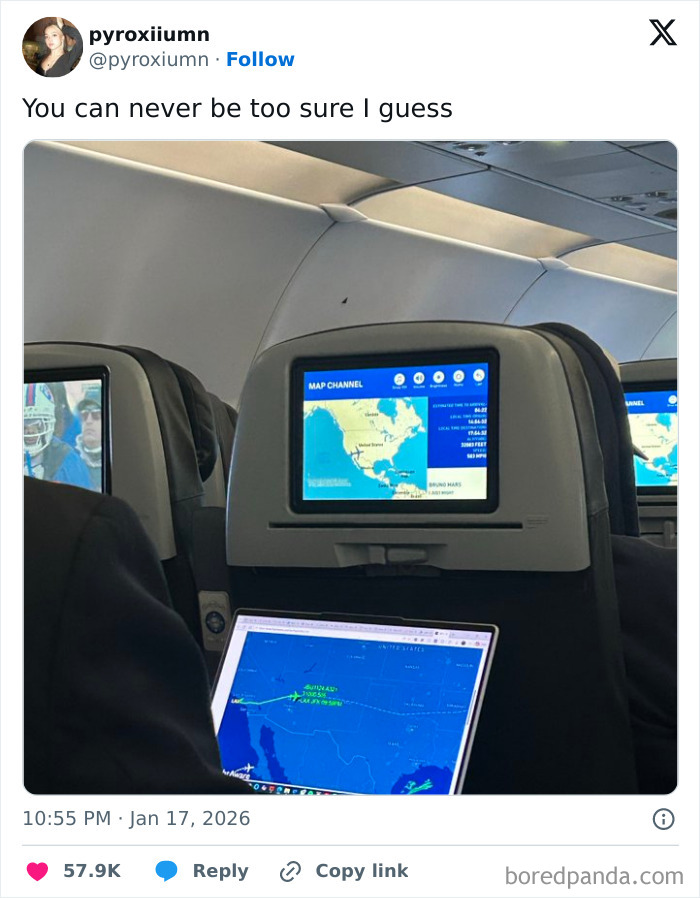 Passenger on a flight comparing in-flight map with laptop flight tracking, illustrating internet humor from January posts.