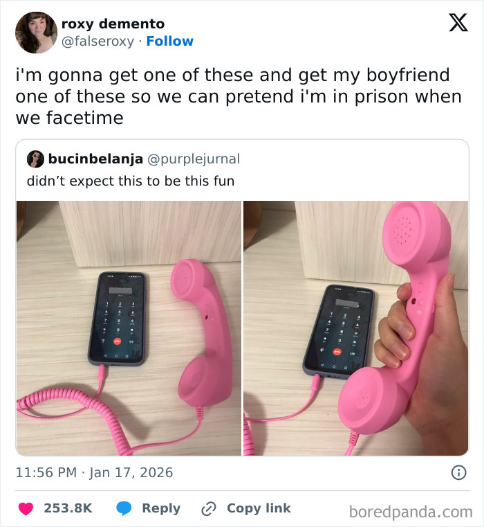 Pink retro phone handset connected to a smartphone, showing a humorous idea from internet funny January moments.