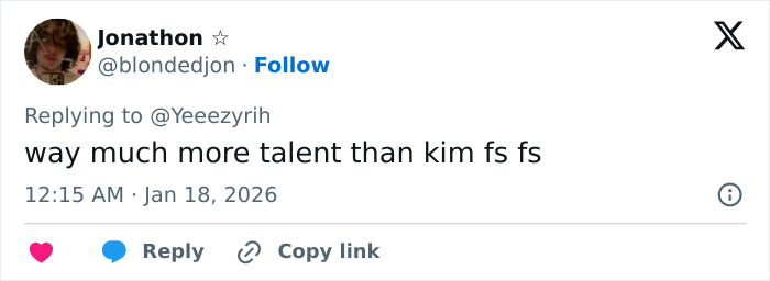 Tweet by Jonathon praising Bianca Censori&rsquo;s unexpected talent, mentioning her style and breaking the internet buzz.