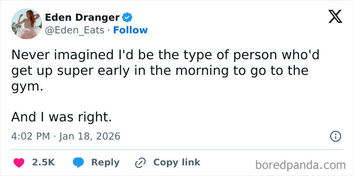 Tweet about unexpected morning gym habits, illustrating one of the 89 times the internet got way too funny this January.
