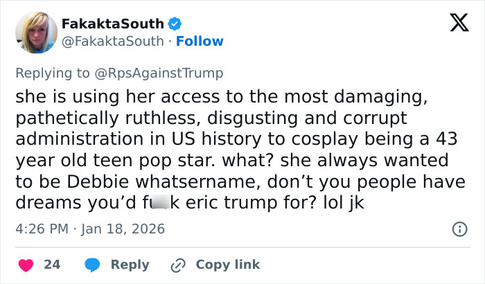 Tweet criticizing Lara Trump for mocking dance moves in new music video, highlighting public backlash and social media reaction.