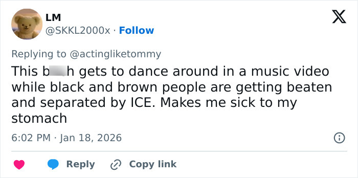 Tweet criticizing Lara Trump&rsquo;s music video dance moves amid social issues involving ICE and racial tensions.