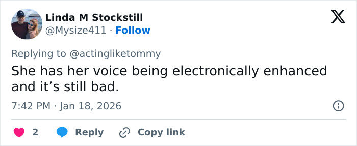 Twitter user criticizing electronically enhanced voice, sparking reactions about Lara Trump dance moves in new music video.