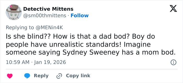 Tweet from Detective Mittens criticizing unrealistic body standards in a Knight of the Seven Kingdoms review involving Peter Claffey fans.