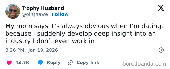 Screenshot of a funny tweet showing a humorous comment about dating and gaining unexpected industry insight shared online.