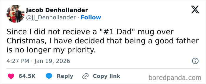 Tweet about no longer prioritizing being a good father after not receiving a #1 Dad mug, showcasing internet humor in January.