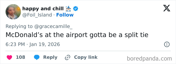 Tweet from user discussing working at an airport McDonald's, highlighting challenges faced by airport baristas with one of the worst jobs.