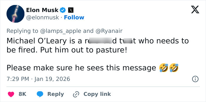 Screenshot of Elon Musk&rsquo;s tweet insulting Michael O&rsquo;Leary, part of Ryanair&rsquo;s brutal takedown in Twitter exchange.