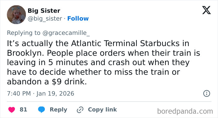 Tweet about the challenges faced by airport baristas working under stressful conditions during busy train schedules.