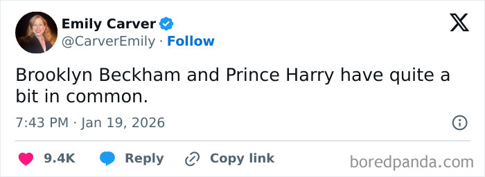 Tweet by Emily Carver comparing Brooklyn Beckham and Prince Harry, highlighting Victoria Beckham stealing the spotlight at wedding.