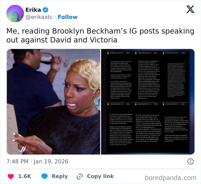 Woman reacting with shock and confusion while reading social media posts about Victoria Beckham stealing the spotlight.